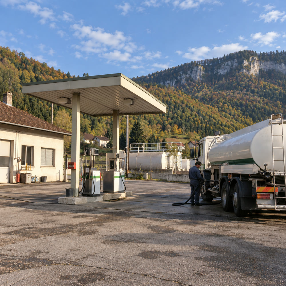 Évocation illustrée : F3C est la première à distribuer de l'essence sans plomb en Franche-Comté.